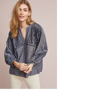 Anthropologie Embroidered Peasant Buttondown Top